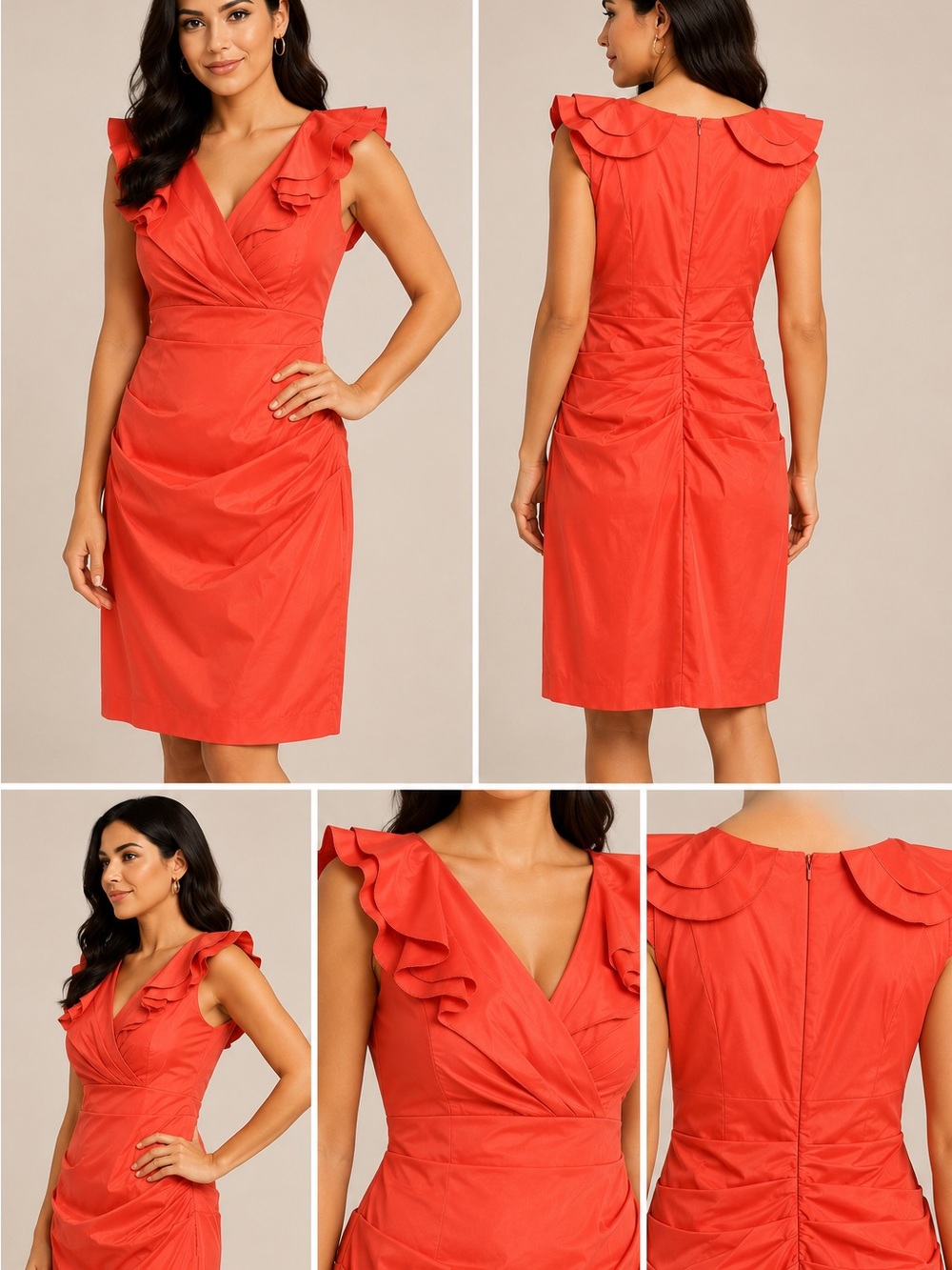 Maggy London Coral Ruffle Sheath Dress Size 16 Sleeveless Ruched Cocktail